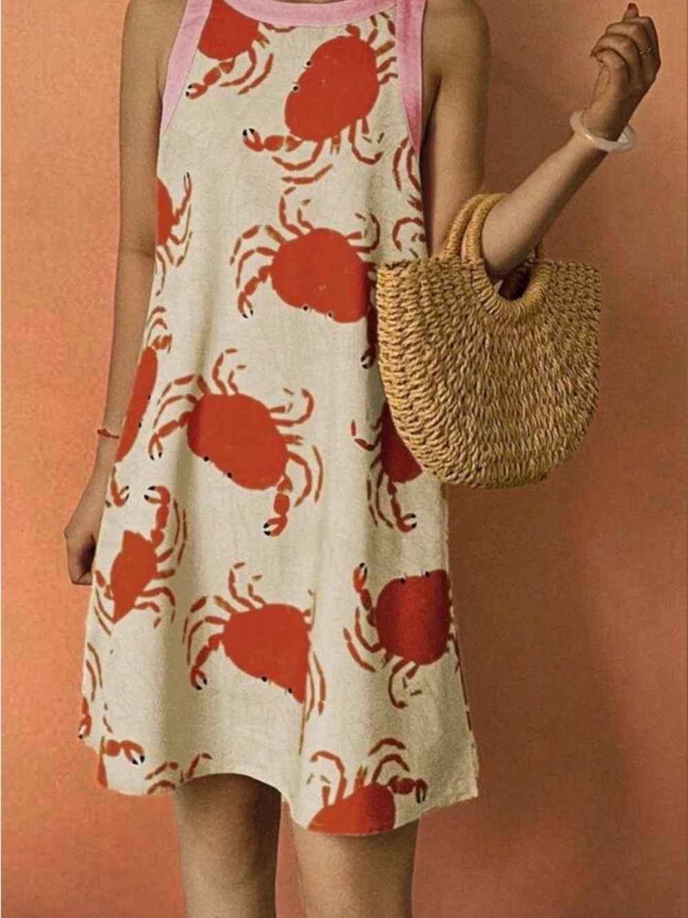 Sleeveless Cream Shift Dress with Bright Crab Pattern and Pink Trim